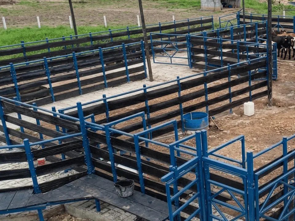 Corral completo con bandas de caucho reciclado sobre estructura metálica
